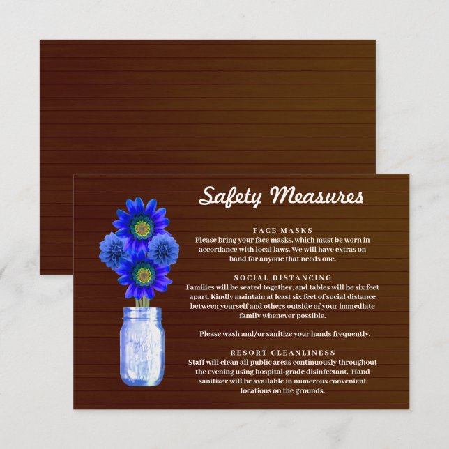 Carte D'accompagnement Mesures de sécurité pour pot Mason floral bleu rus (Devant / Derrière)