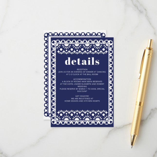 Carte D'accompagnement Mexique Fiesta Marine Papel Picado Boho Mariage (Devant/Arrière en situation)