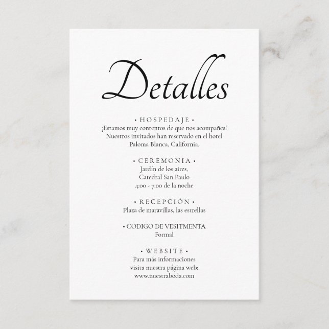 Carte D'accompagnement Mini et moderne langue espagnole Boda Détails (Devant)