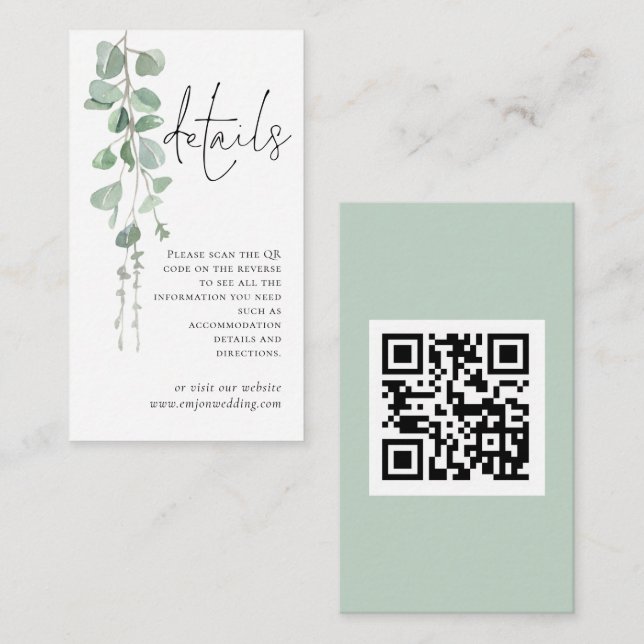 Carte D'accompagnement Mini Eucalyptus Script QR Code Détails du Mariage (Devant / Derrière)