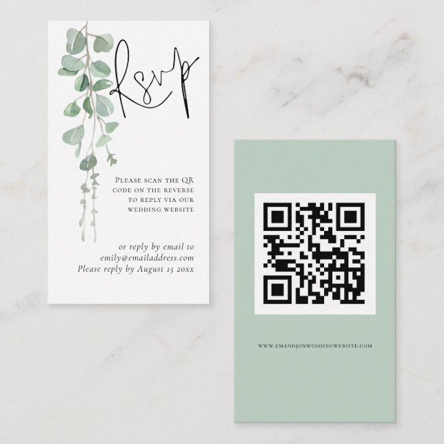 Carte D'accompagnement Mini Eucalyptus Script QR Code Mariage RSVP (Devant / Derrière)