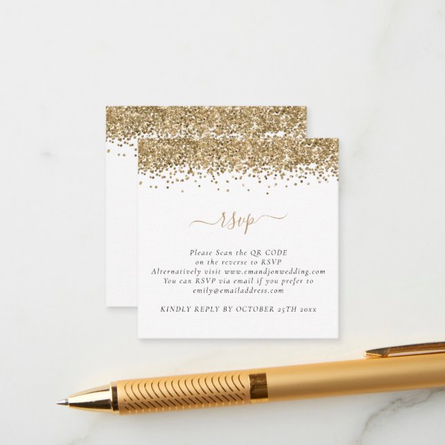 Carte D'accompagnement Mini Glam Gold Parties scintillant QR Code Mariage (Devant/Arrière en situation)
