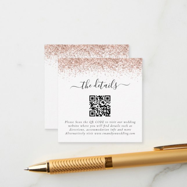 Carte D'accompagnement Mini Rose Gold Parties scintillant QR Code Mariage (Devant/Arrière en situation)