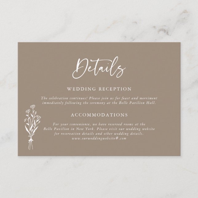 Carte D'accompagnement Minimailist Floral Bouquet Taupe Détails Mariage (Devant)