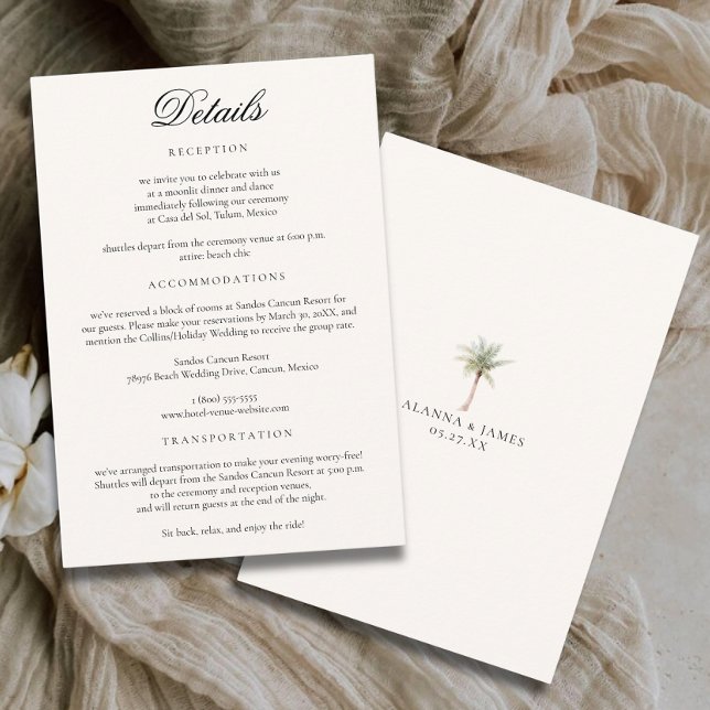 Carte D'accompagnement Minimalist Neutral Tropical Beach Wedding Details (Créateur téléchargé)