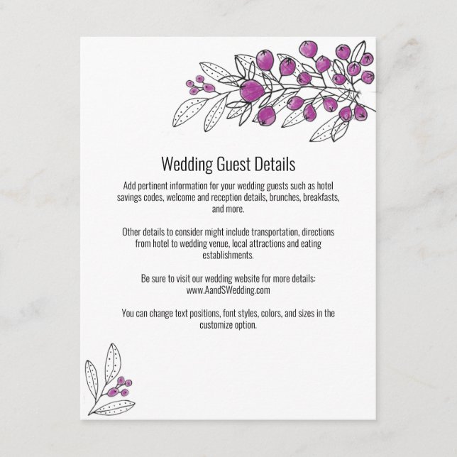 Carte D'accompagnement Minimalist Purple Berry Leaf Mariage Détails de l' (Devant)