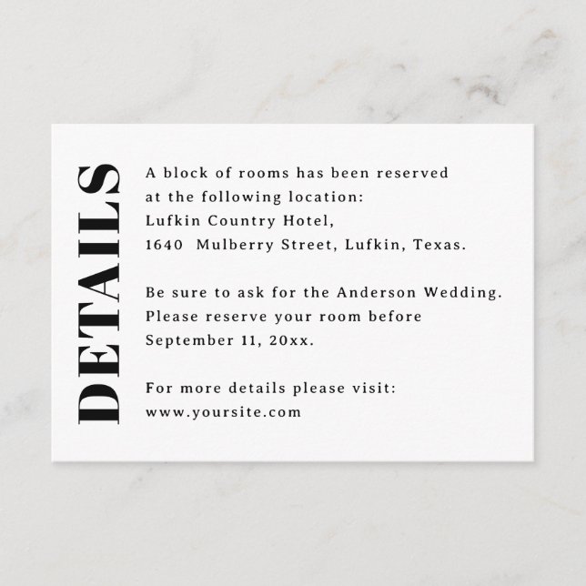 Carte D'accompagnement Minimalist Wedding Details | Hotel & Accommodation (Devant)