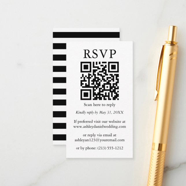 Carte D'accompagnement Minimaliste Mariage simple QR RSVP bandes noires (Devant/Arrière en situation)