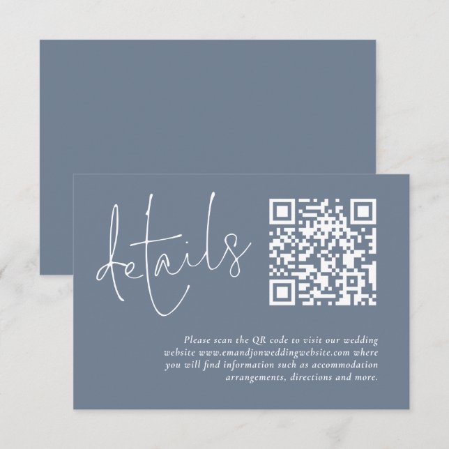 Carte D'accompagnement Minimaliste QR Code Dusty Blue Détails du Mariage (Devant / Derrière)