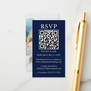 Carte D'accompagnement Minimaliste simple Mariage QR photo bleu RSVP