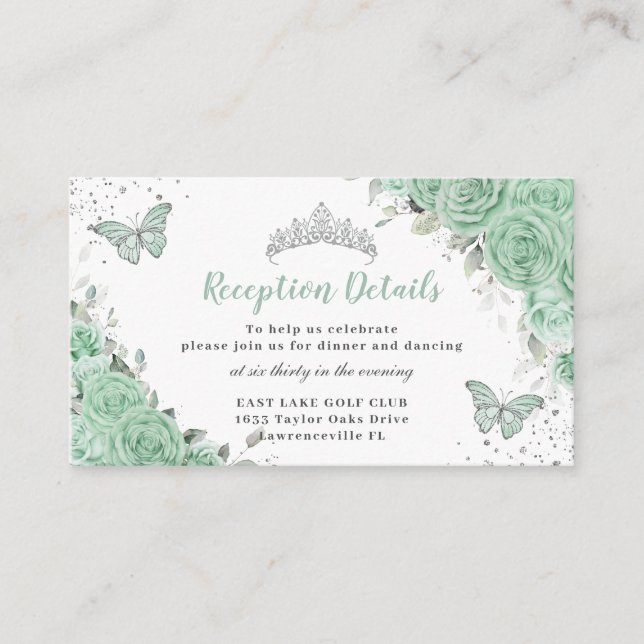Carte D'accompagnement Mint Green Floral Argent Quinceañera Réception (Devant)