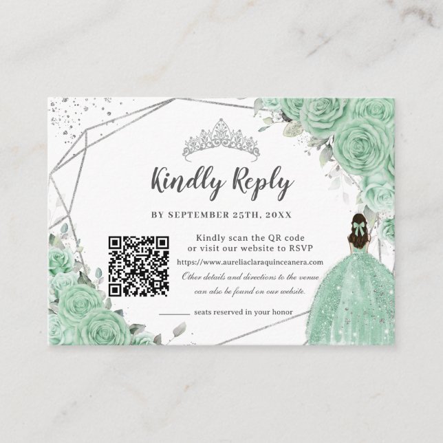 Carte D'accompagnement Mint Vert Floral Argent Quinceañera QR Code RSVP (Devant)