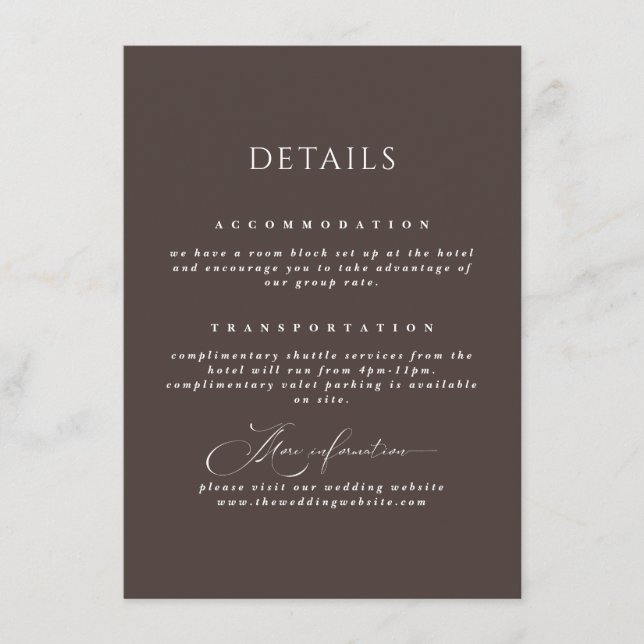 Carte D'accompagnement Mocha Brown Calligraphy Détails du Mariage (Devant)