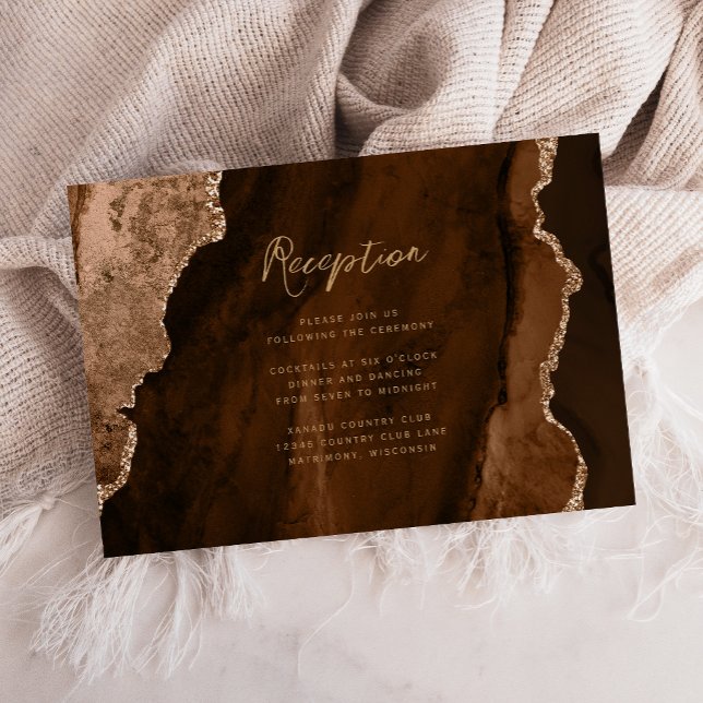 Carte D'accompagnement Mocha Brown Gold Agate Script Wedding Reception (Créateur téléchargé)