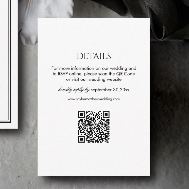 Carte D'accompagnement Modern Black and White Wedding Details Qr Code (Créateur téléchargé)