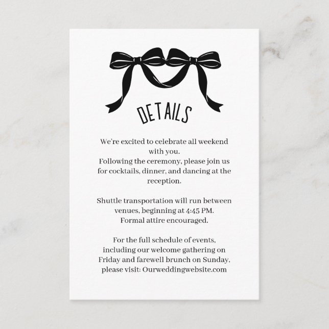 Carte D'accompagnement Modern Black bow Wedding Details Enclosure Card  (Devant)