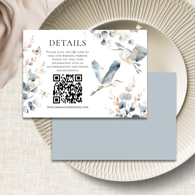 Carte D'accompagnement Modern Blue Heron Code QR Détails du Mariage (Front and back view)