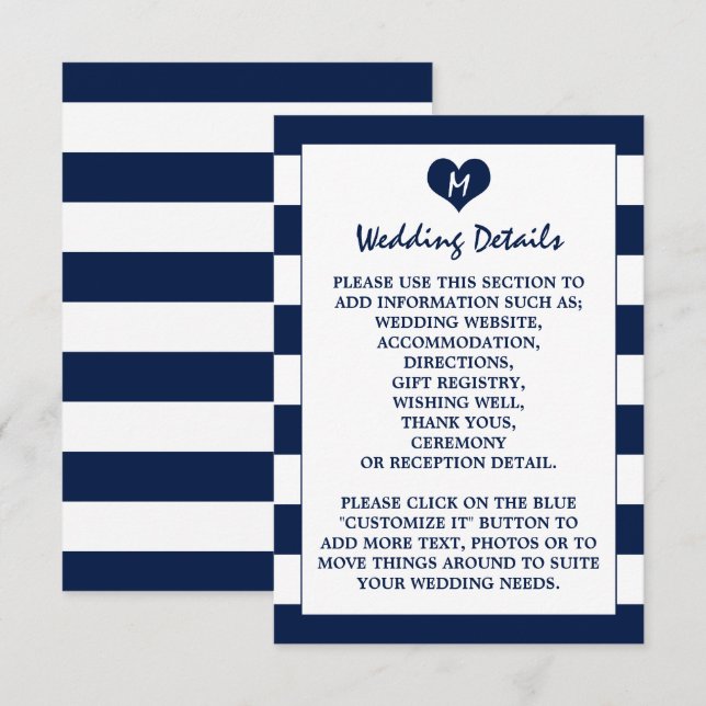 Carte D'accompagnement Modern Chic Navy Blue & White Mariage Détails (Devant / Derrière)