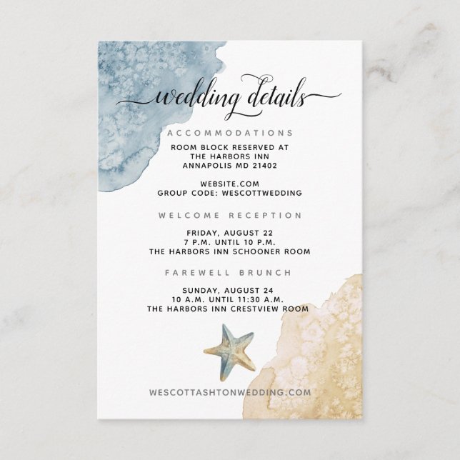 Carte D'accompagnement Modern Coastal Dusty Blue Beach Détails de mariage (Devant)