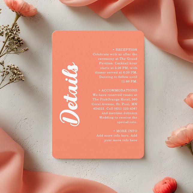 Carte D'accompagnement Modern Coral Pink Groovy Script Wedding Details (Créateur téléchargé)