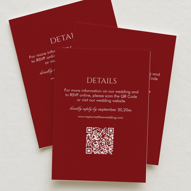 Carte D'accompagnement Modern Deep Red Wedding Details Qr Code (Créateur téléchargé)