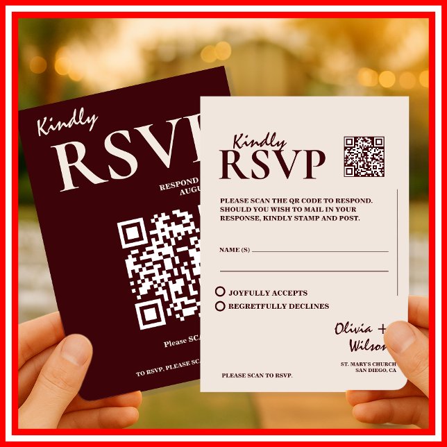 Carte D'accompagnement Modern Elegant Burgundy Wedding QR CODE RSVP (Créateur téléchargé)