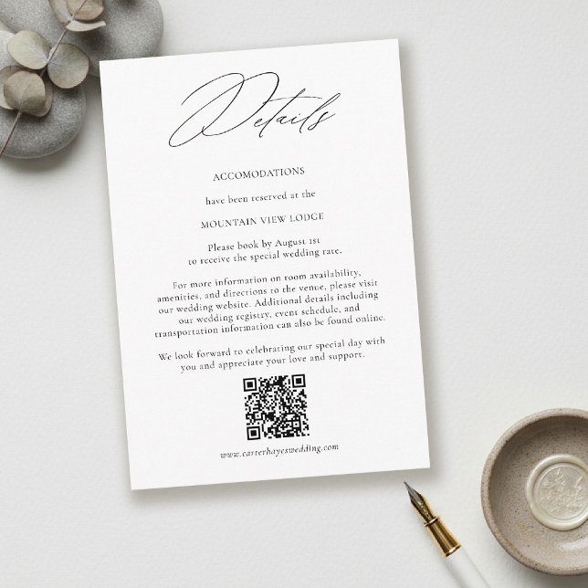 Carte D'accompagnement Modern Minimalist QR Code Wedding Details (Single modern minimalist wedding stationery card flat lay, one card only, centered on a soft neutral)