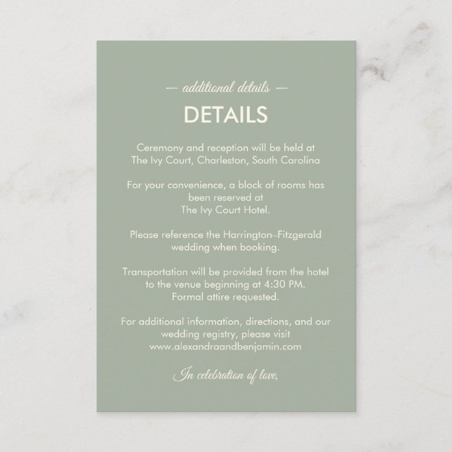 Carte D'accompagnement Modern Minimalist Wedding | Sage Green Timeless  (Devant)