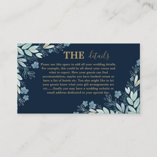 Carte D'accompagnement Modern Navy Blue & Gold Botanical Détails Mariage (Devant)