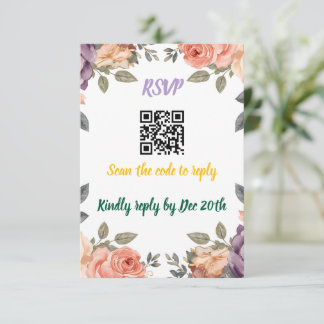 Carte D'accompagnement Modern Purple Floral QR Code RSVP | Scan to Reply 