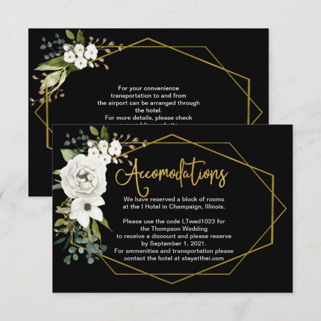 Carte D'accompagnement Moderne Blanc Floral Or Mariage Hébergements (Devant / Derrière)