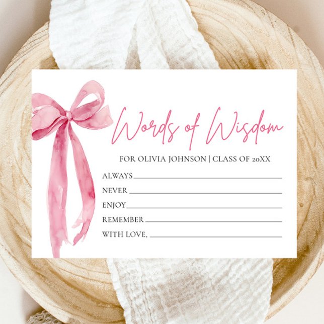 Carte D'accompagnement Moderne Bow rose conseils de graduation Mots de sa (Modern Pink Bow Graduation Advice Words of Wisdom Enclosure Card)