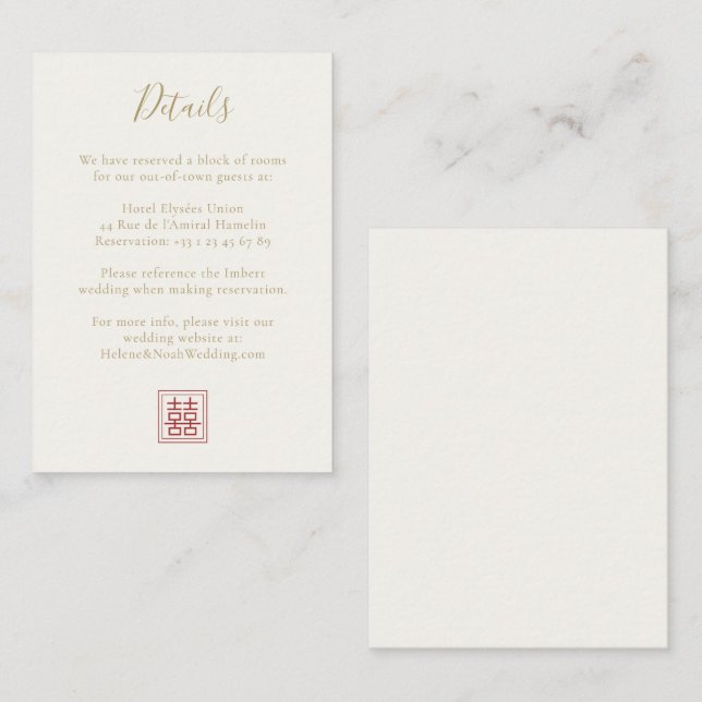 Carte D'accompagnement Moderne Chic Double Bonheur Mariage d'or ivoire (Devant / Derrière)