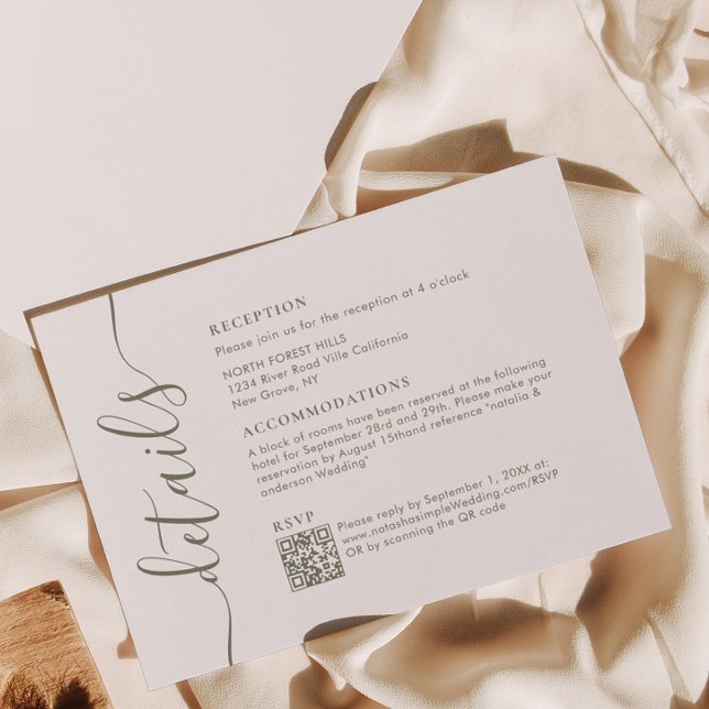 Carte D'accompagnement Moderne Chic Olive Green Script Détails du Mariage (Créateur téléchargé)