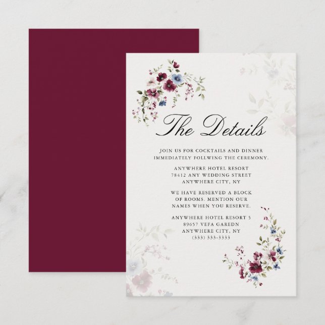 Carte D'accompagnement Moderne Elegant Bourgogne Floral Détails Mariage (Devant / Derrière)