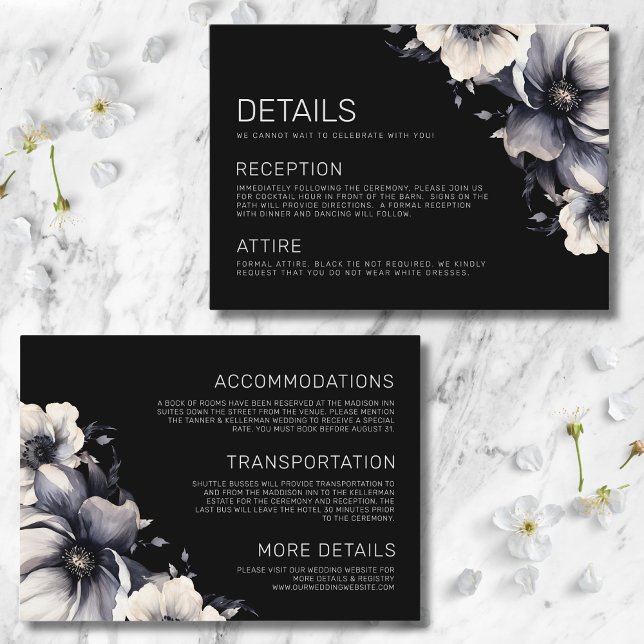 Carte D'accompagnement Moderne Elégant Floral Black Détails Mariage (Modern Elegant Floral White Black Wedding Details Enclosure Card)