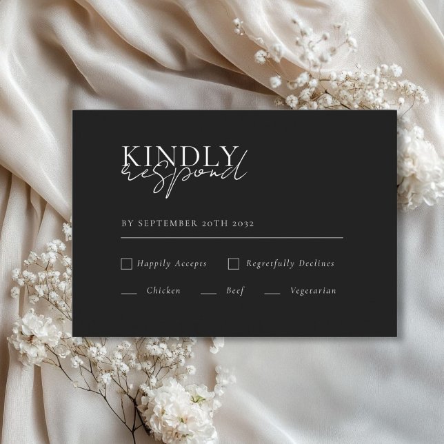 Carte D'accompagnement Moderne, minimal, Noir, Code QR Mariage RSVP (Modern, Minimal, Black, QR Code Wedding RSVP Enclosure Card with meal choice.)