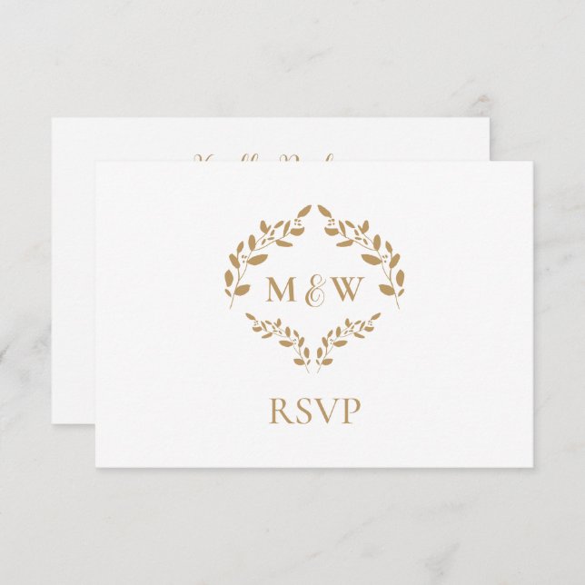 Carte D'accompagnement Monogramme blanc or RSVP mariage site web QR code (Devant / Derrière)