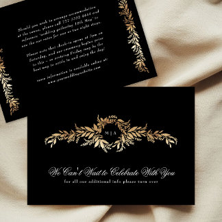 Carte D'accompagnement monogramme détails noir & or mariage botanique