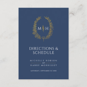 Carte D'accompagnement Monogramme d'or bleu mariage directions et calendr