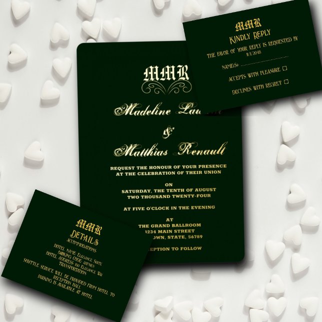 Carte D'accompagnement Monogramme Elegant Dark Green & Gold Détail code Q (Créateur téléchargé)