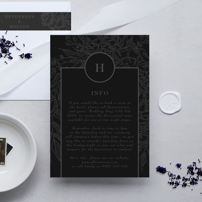 Carte D'accompagnement Monogramme élégant noir dramatique couronne floral (DETAILS showcasing suite - additional items (bought separately))