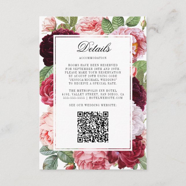 Carte D'accompagnement Monogramme Elegant Rose Détails du Mariage QR Code (Devant)