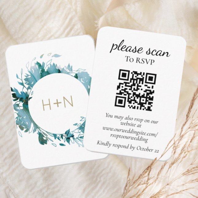 Carte D'accompagnement Monogramme moderne Turquoise RSVP avec code QR (Créateur téléchargé)