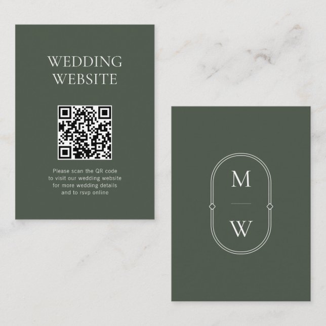 Carte D'accompagnement Monogramme QR Code Moss Green Mariage Website (Devant / Derrière)