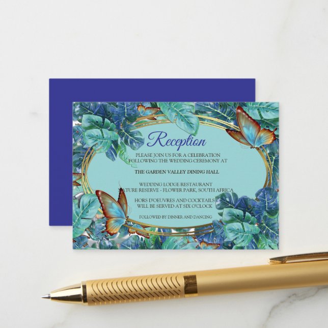 Carte D'accompagnement Monstera bleu turquoise Feuilles et papillons (Devant/Arrière en situation)