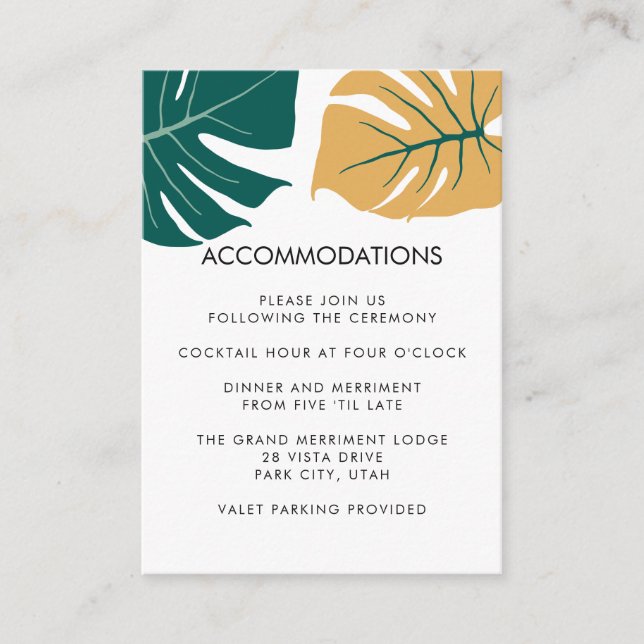 Carte D'accompagnement Monstera jaune | Hébergement hôtelier Mariage (Devant)