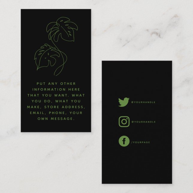 Carte D'accompagnement Monstère verte et noire, liens sociaux merci (Devant / Derrière)