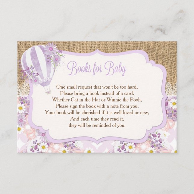 Carte D'accompagnement montgolfière violette fille livre pour bébé insert (Devant)