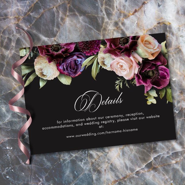 Carte D'accompagnement Moody Dark Floral Black Burgundy Romantic Wedding (Moody Dark Floral Black Burgundy Romantic Wedding Enclosure Card)